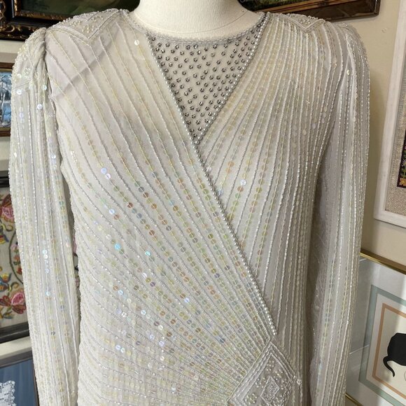 90s Vintage Oleg Cassini Long Sleeve Sequin and Bead Covered Silk Gown Size 14 - Picture 2 of 11